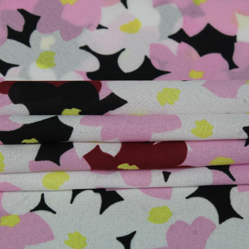 Crêpe georgette fleurs vintages noir, rose et blanc