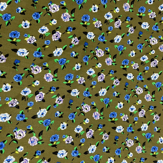 Viscose kaki fleur bleue