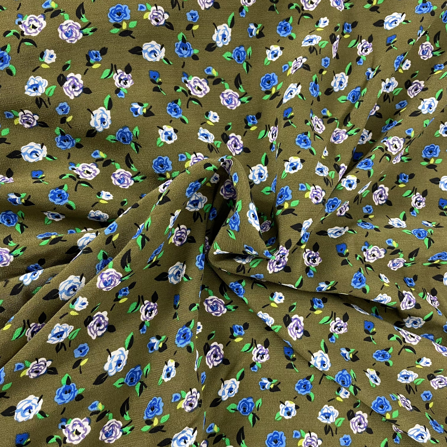 Viscose kaki fleur bleue